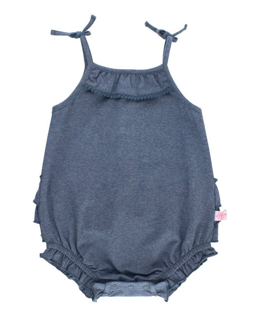 Baby Girls Faux Denim Pom Pom Bubble Romper