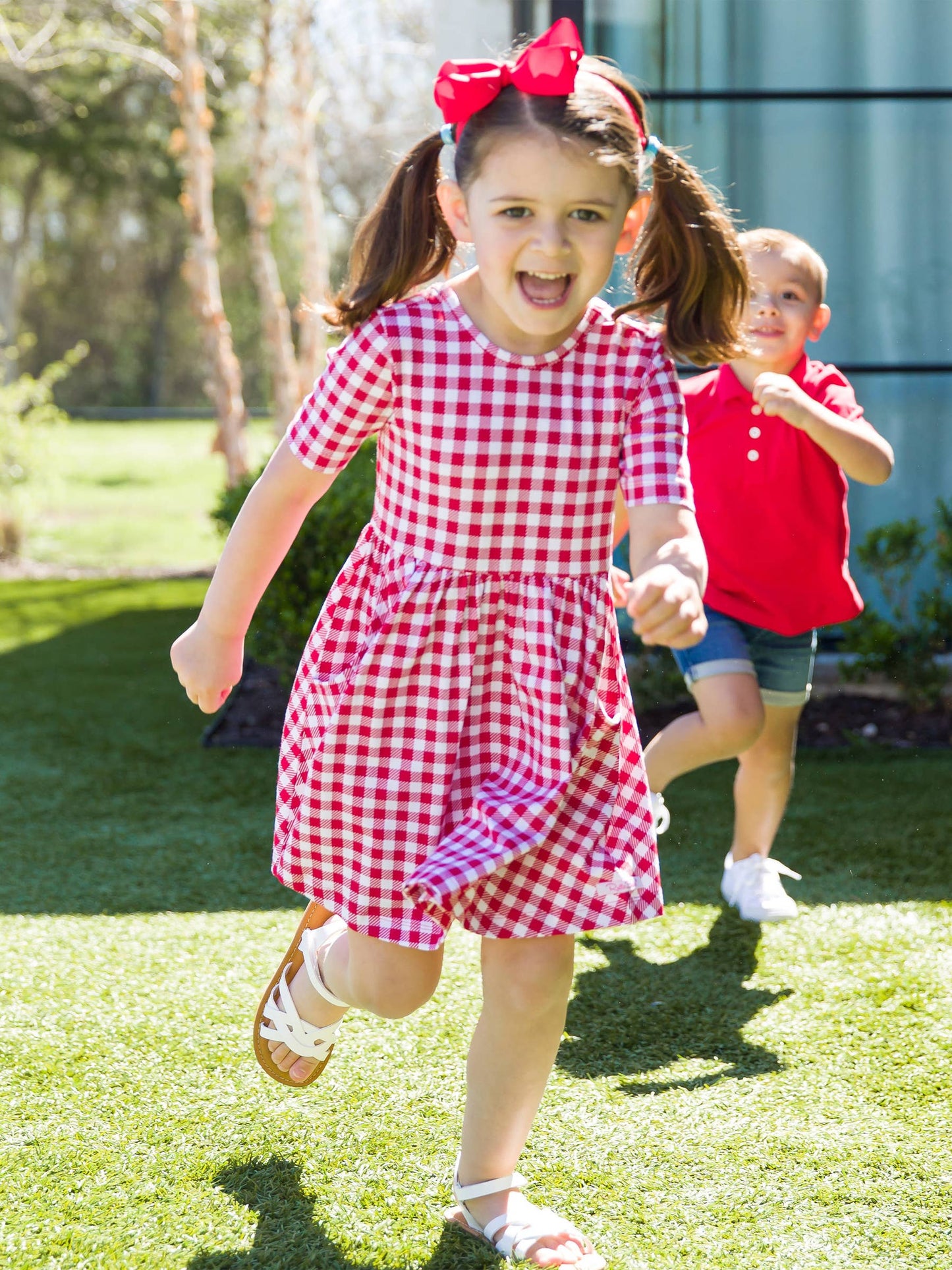 Toddler Girls Red Gingham Short Sleeve Knit Twirl Dress