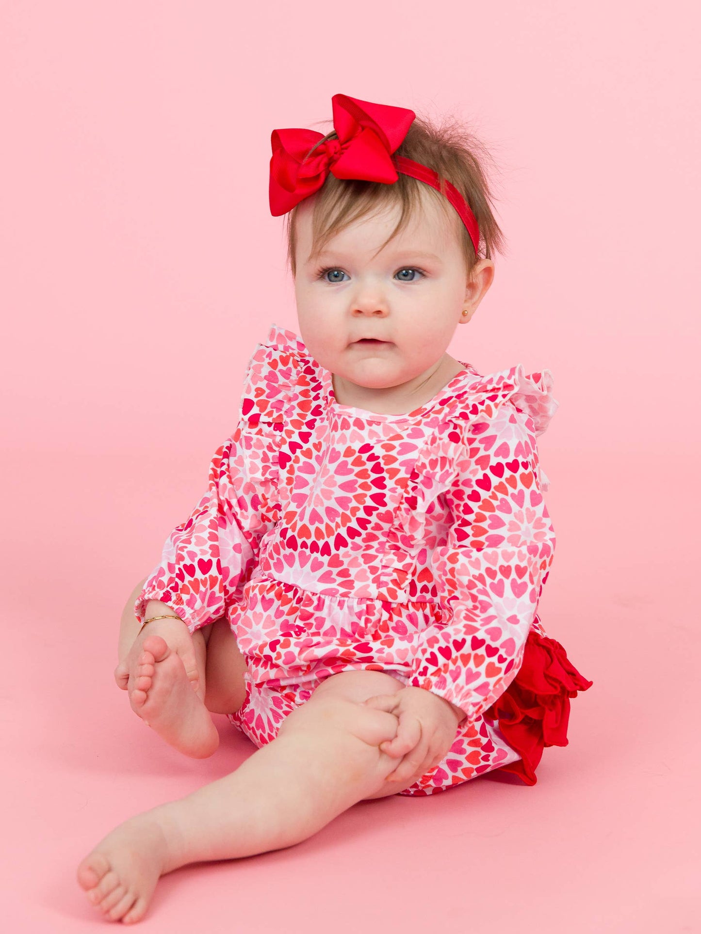 Baby Girls Pink Kaleidoscope Hearts Knit Long Sleeve Waterfall Bubble Romper