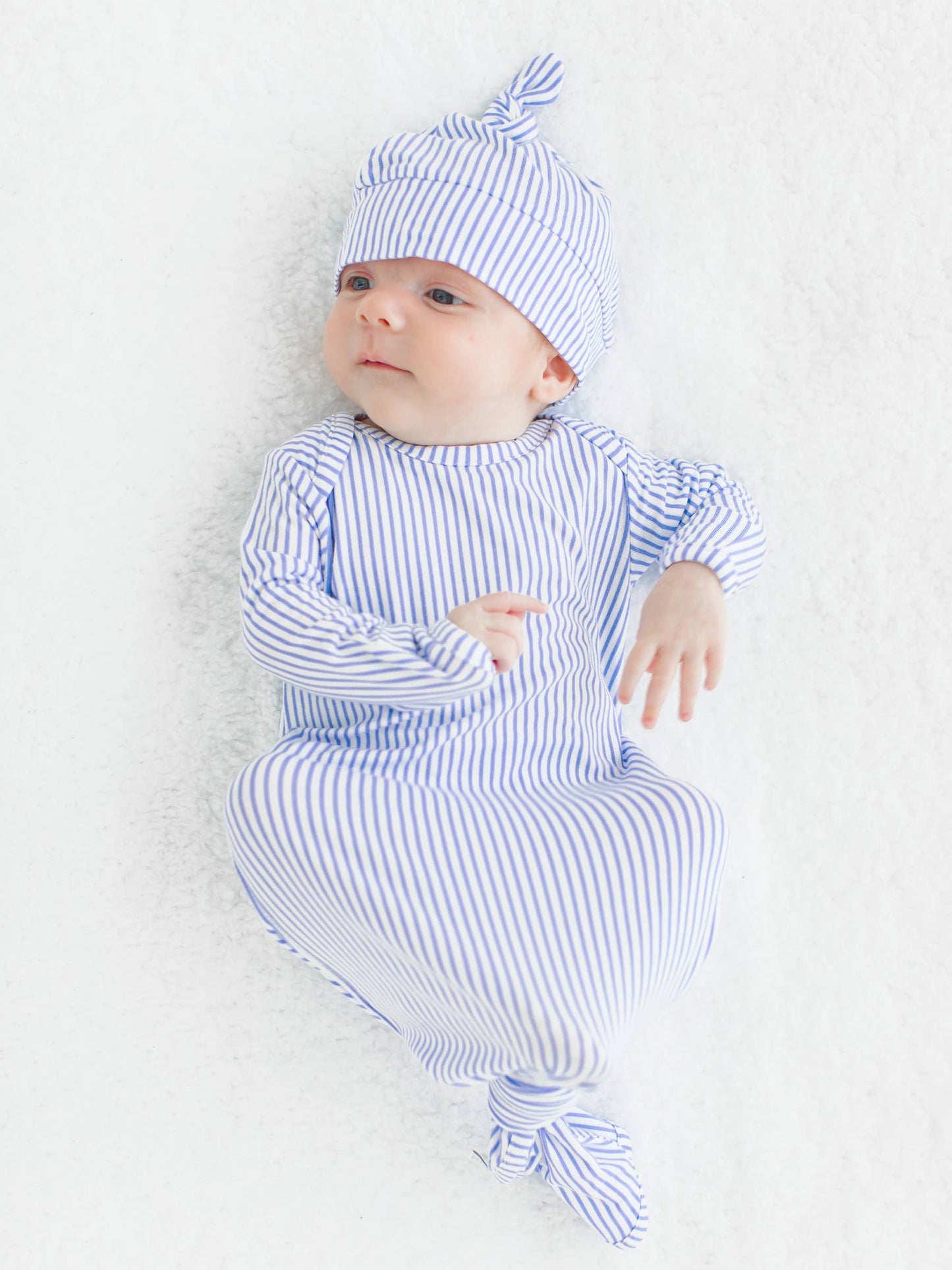 Periwinkle Blue & White Micro Stripe Knotted Sleep Gown & Hat Set