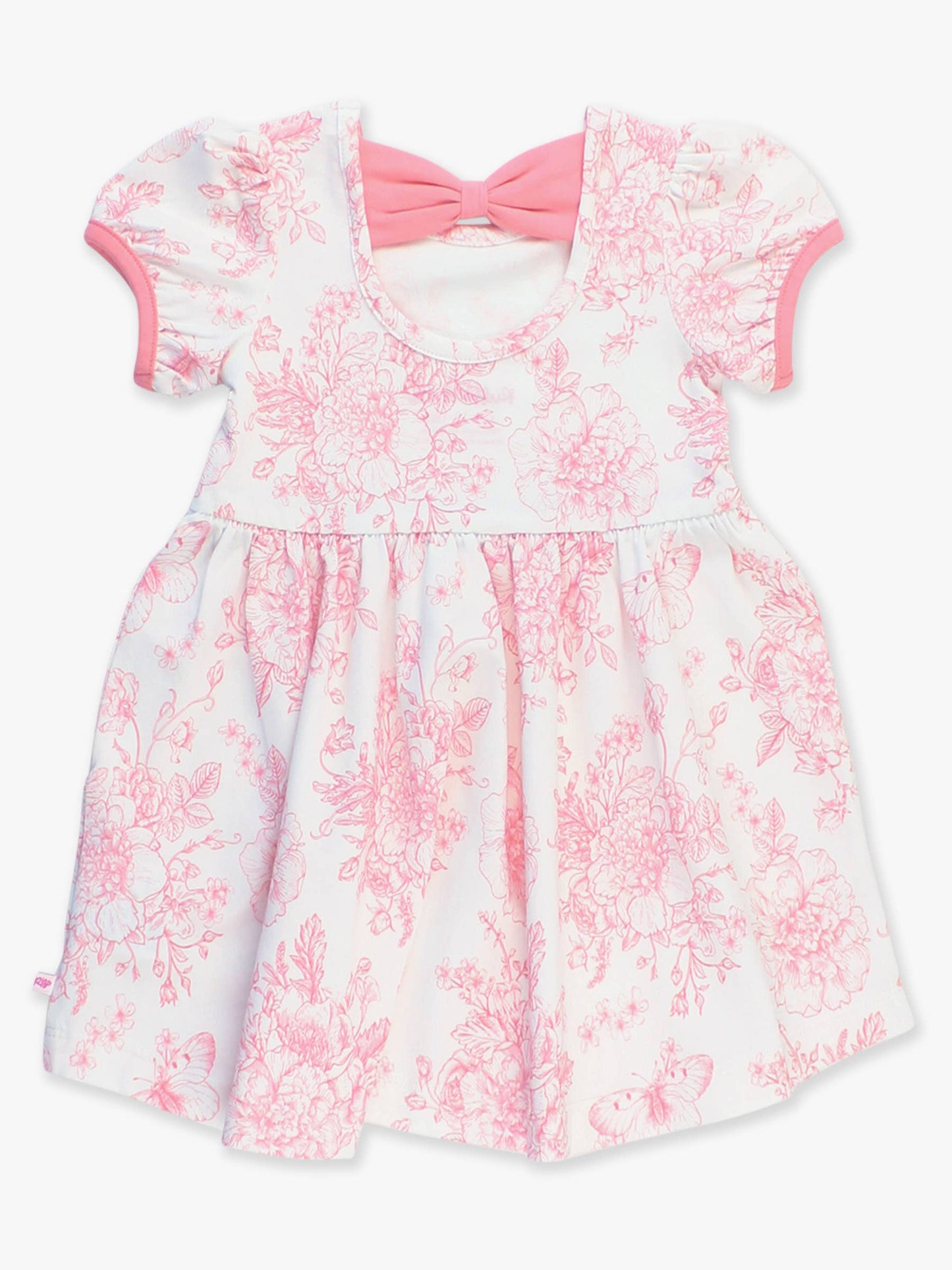 Girls Bubblegum Pink Butterfly Garden Toile Puff Short Sleeve Bow Twirl Dress