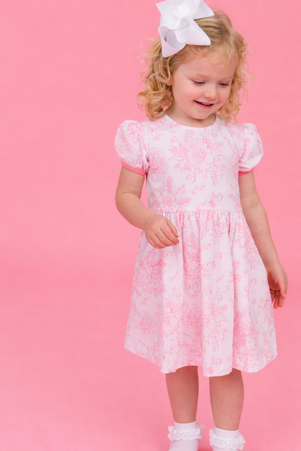 Girls Bubblegum Pink Butterfly Garden Toile Puff Short Sleeve Bow Twirl Dress