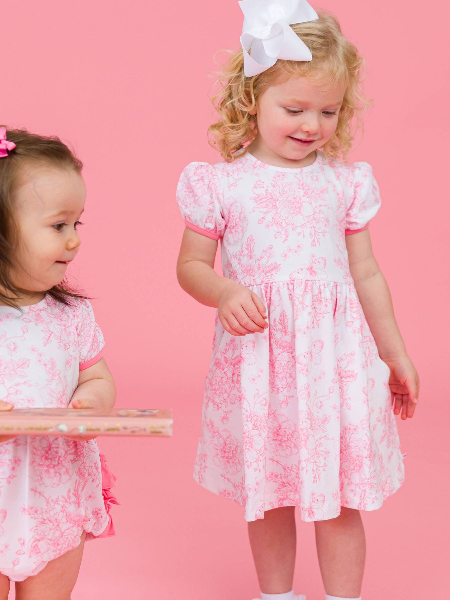 Girls Bubblegum Pink Butterfly Garden Toile Puff Short Sleeve Bow Twirl Dress