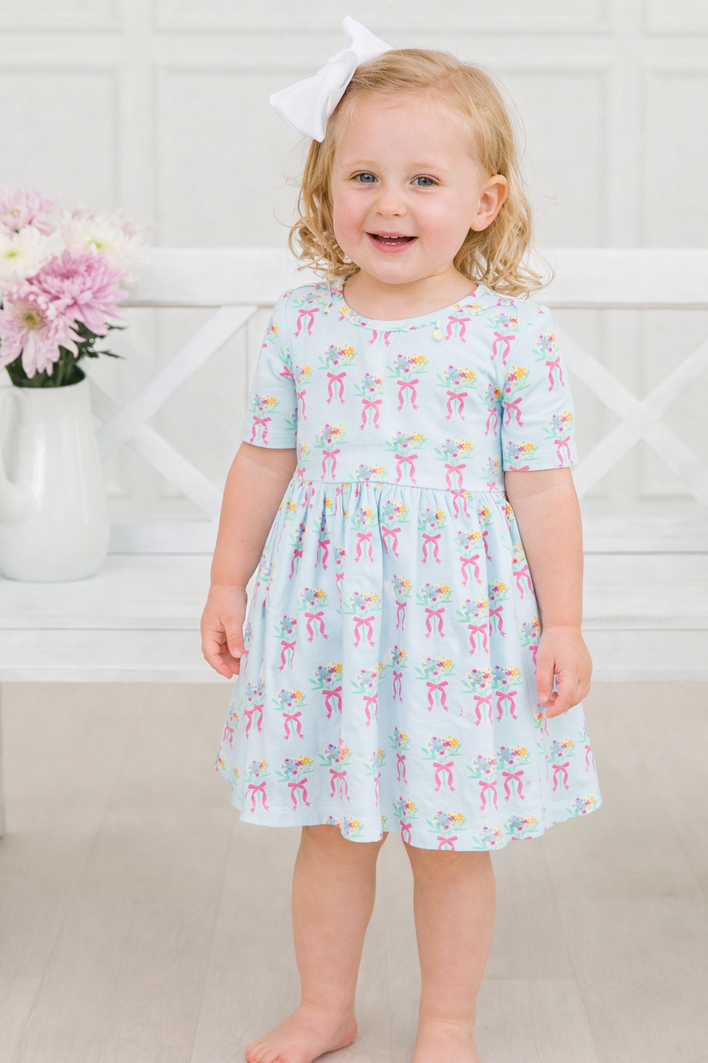 Baby Girls Bows and Bouquets Short Sleeve Knit Twirl Dress