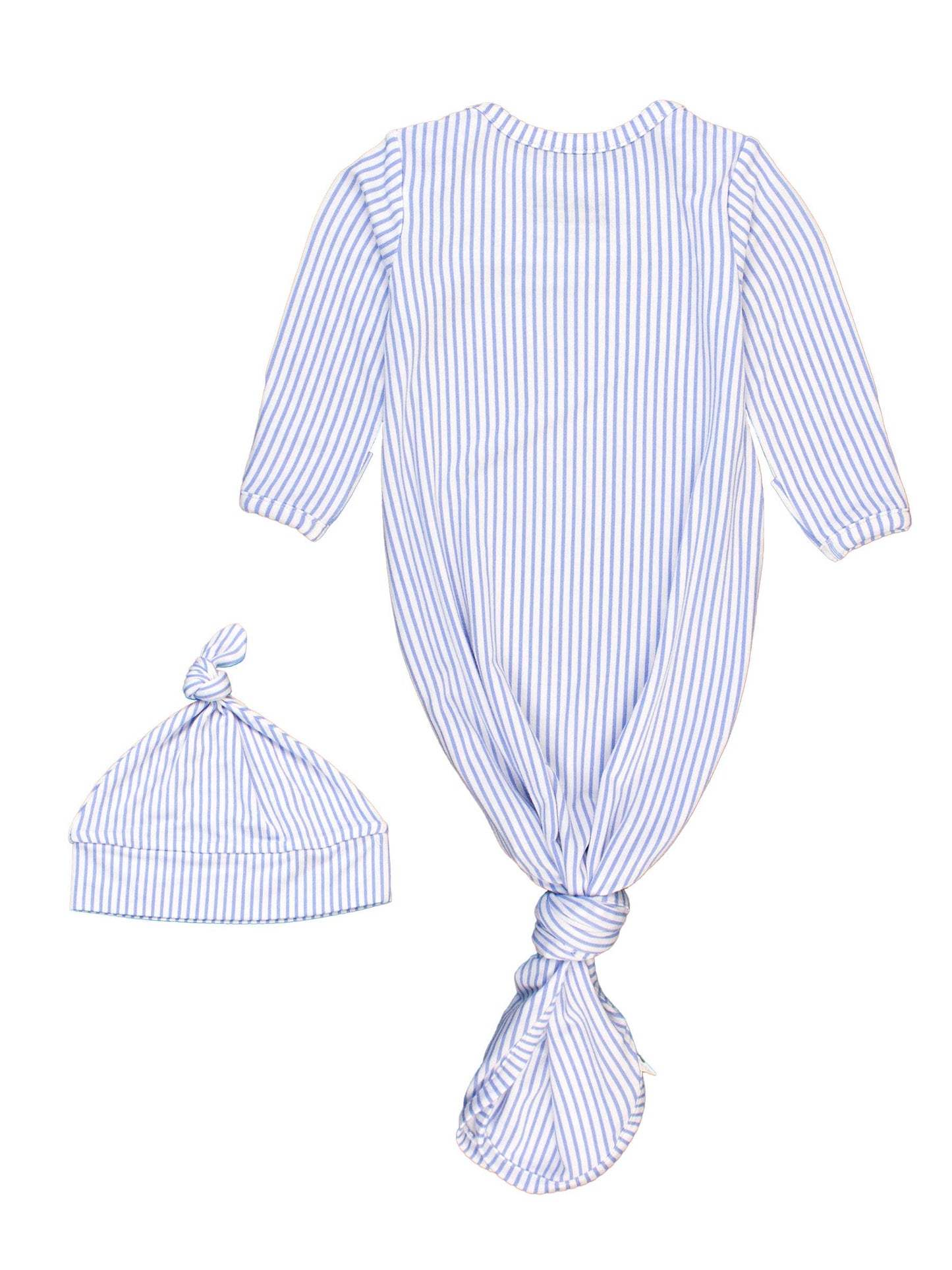Periwinkle Blue & White Micro Stripe Knotted Sleep Gown & Hat Set