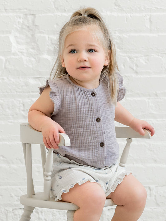 Tessa Muslin Button Front Ruffle Sleeve Top - Lilla