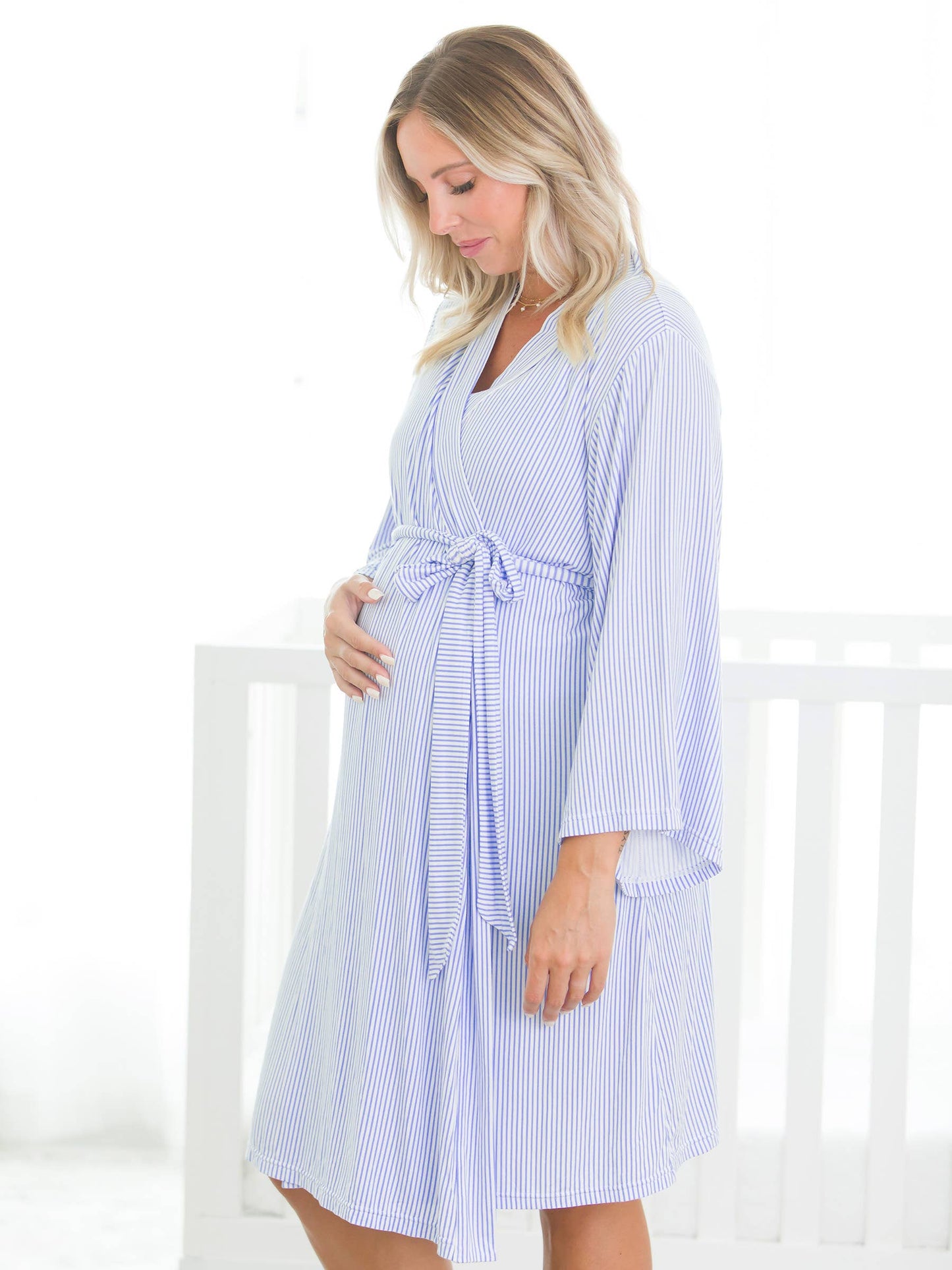 Periwinkle Blue & White Micro Stripe Maternity Robe