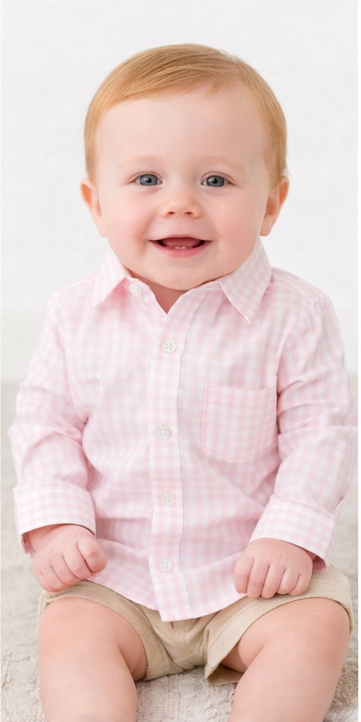 Boys Pink Gingham Check Long Sleeve Button Down: Pink