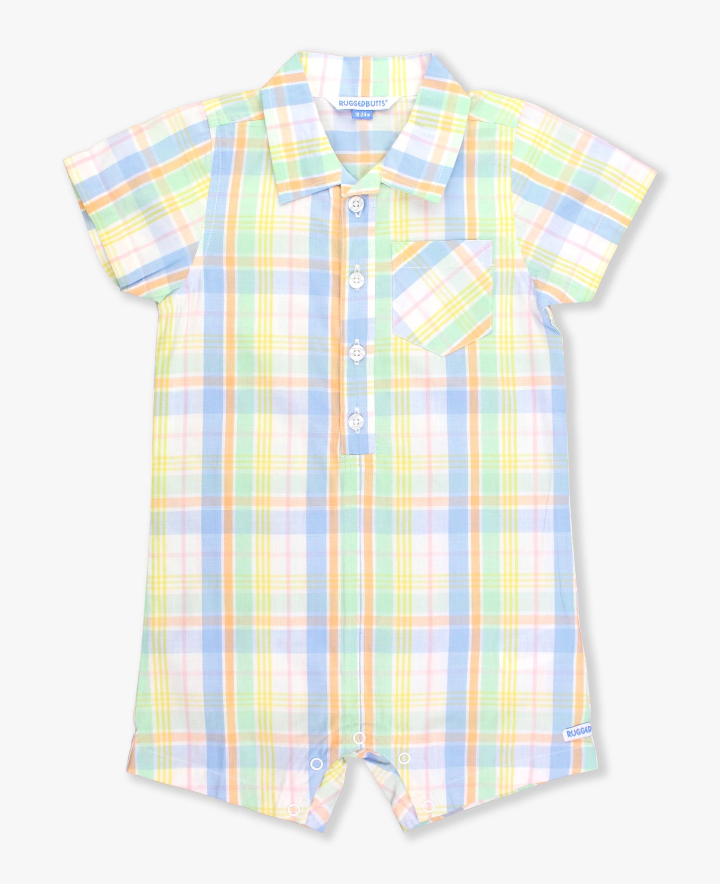 Short Sleeve Clubhouse Rainbow Plaid Button-Up Romper