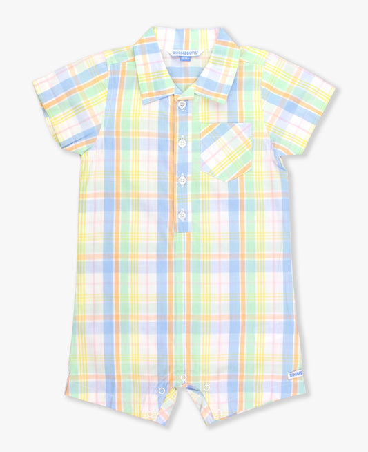 Short Sleeve Clubhouse Rainbow Plaid Button-Up Romper