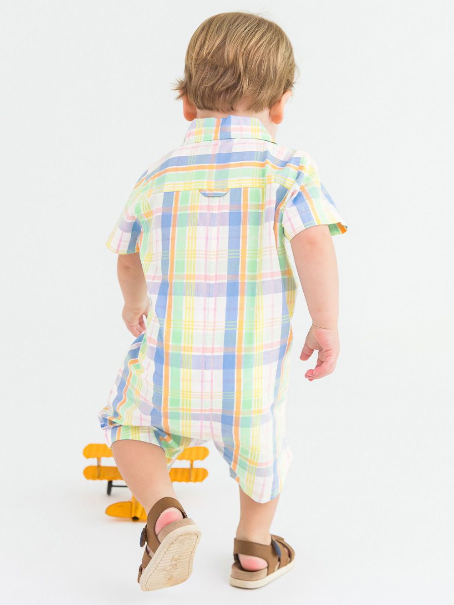 Short Sleeve Clubhouse Rainbow Plaid Button-Up Romper