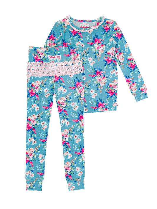 Toddler Girls Fancy Me Floral Bamboo Viscose Ruffle Long Sleeve Pajama Set: Blue / 12-18m