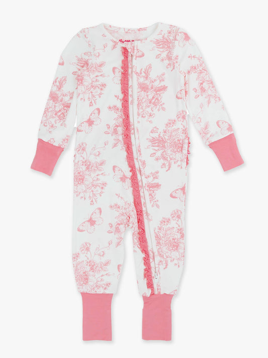 Butterfly Garden Toile Convertible Ruffle One Piece Footie Pajama
