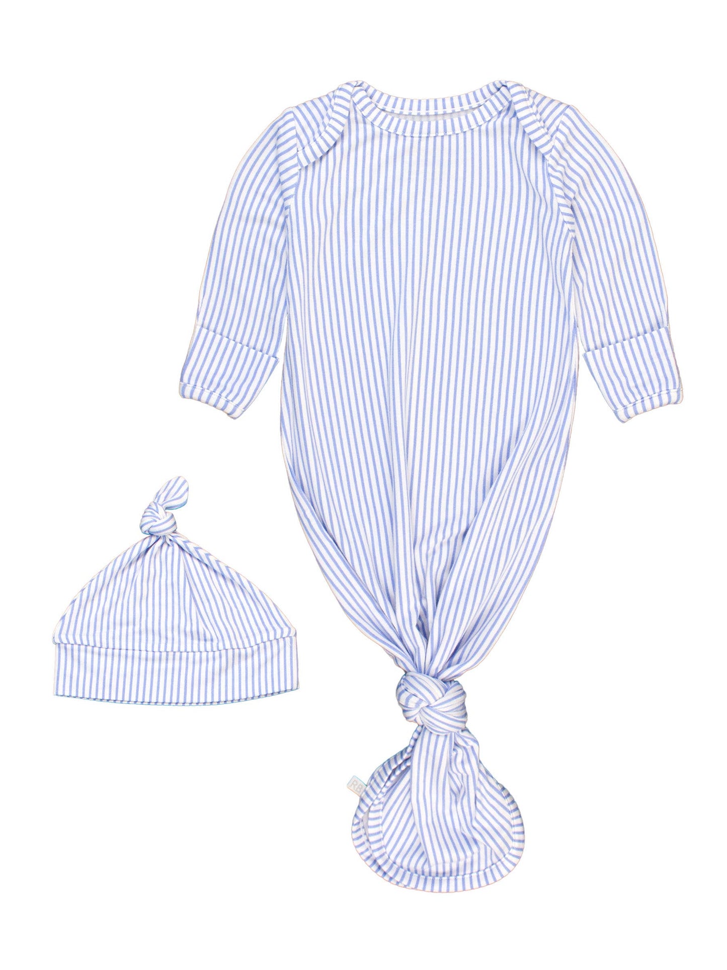 Periwinkle Blue & White Micro Stripe Knotted Sleep Gown & Hat Set