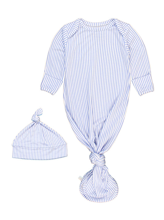 Periwinkle Blue & White Micro Stripe Knotted Sleep Gown & Hat Set