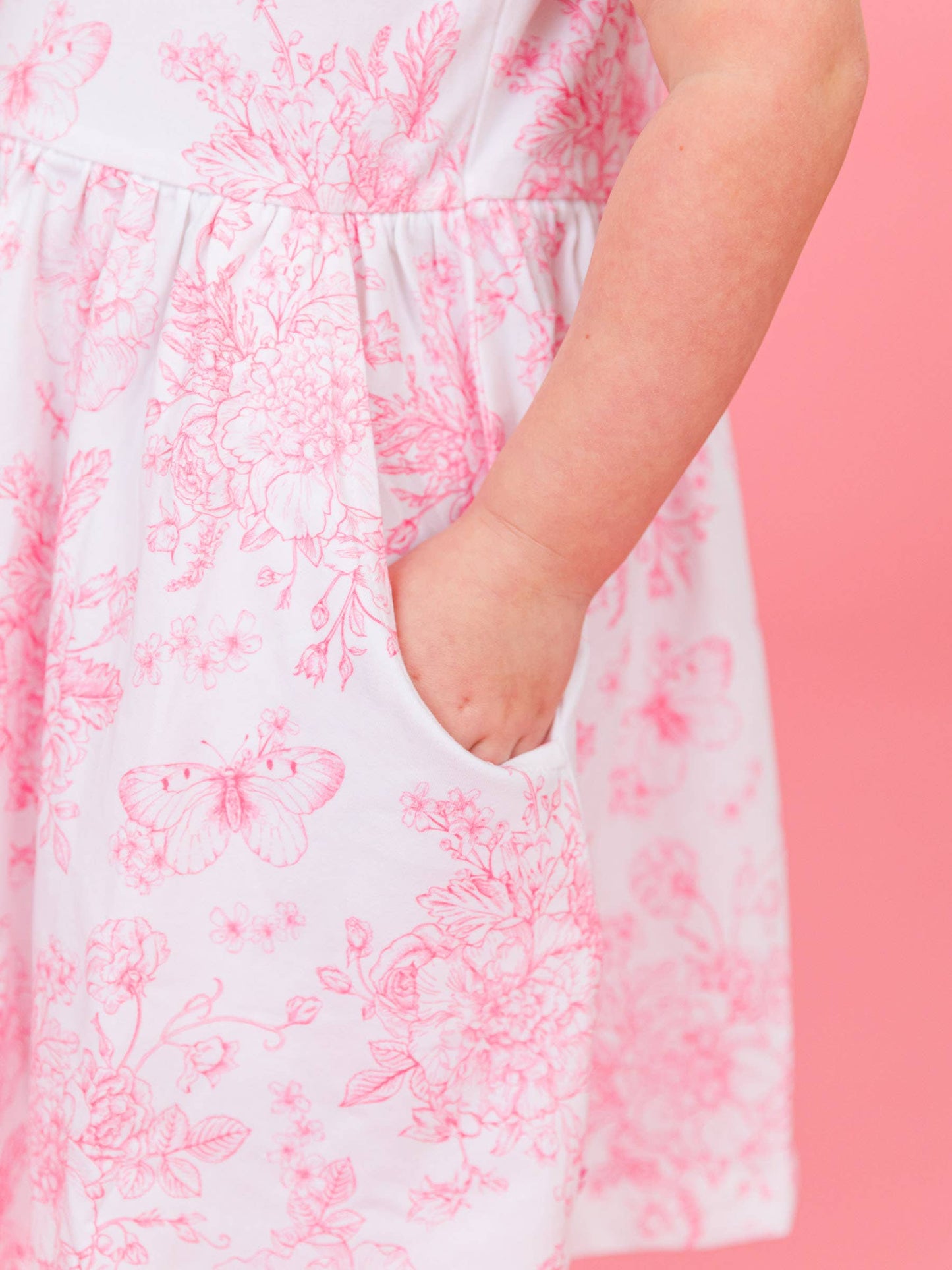 Girls Bubblegum Pink Butterfly Garden Toile Puff Short Sleeve Bow Twirl Dress