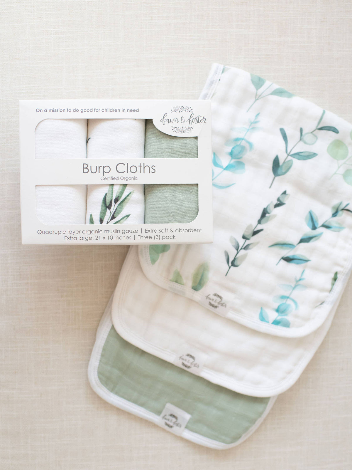 Organic Premium Oversized Absorbent 3-Pack Burp Cloths | Sage Leaves