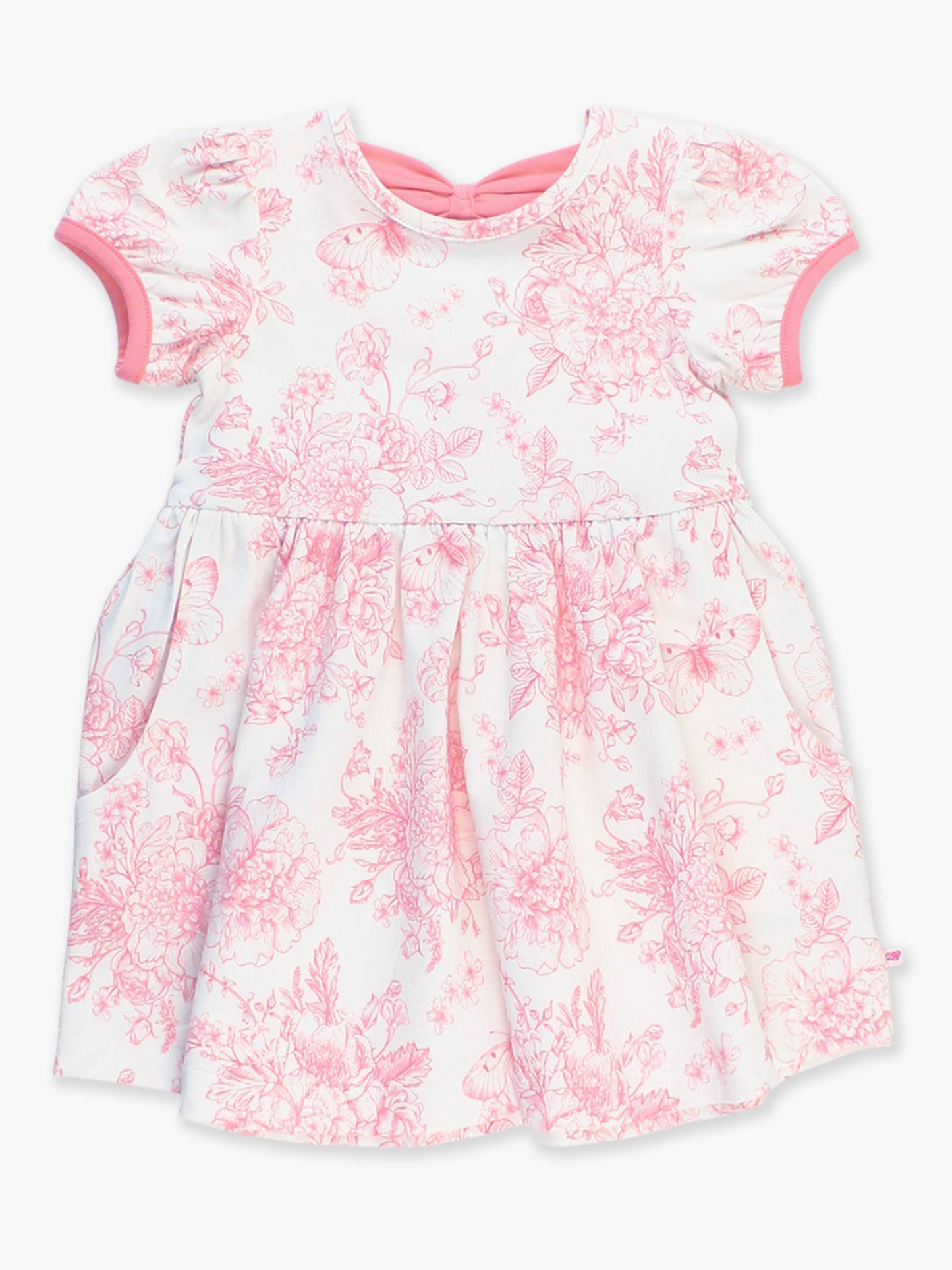 Girls Bubblegum Pink Butterfly Garden Toile Puff Short Sleeve Bow Twirl Dress