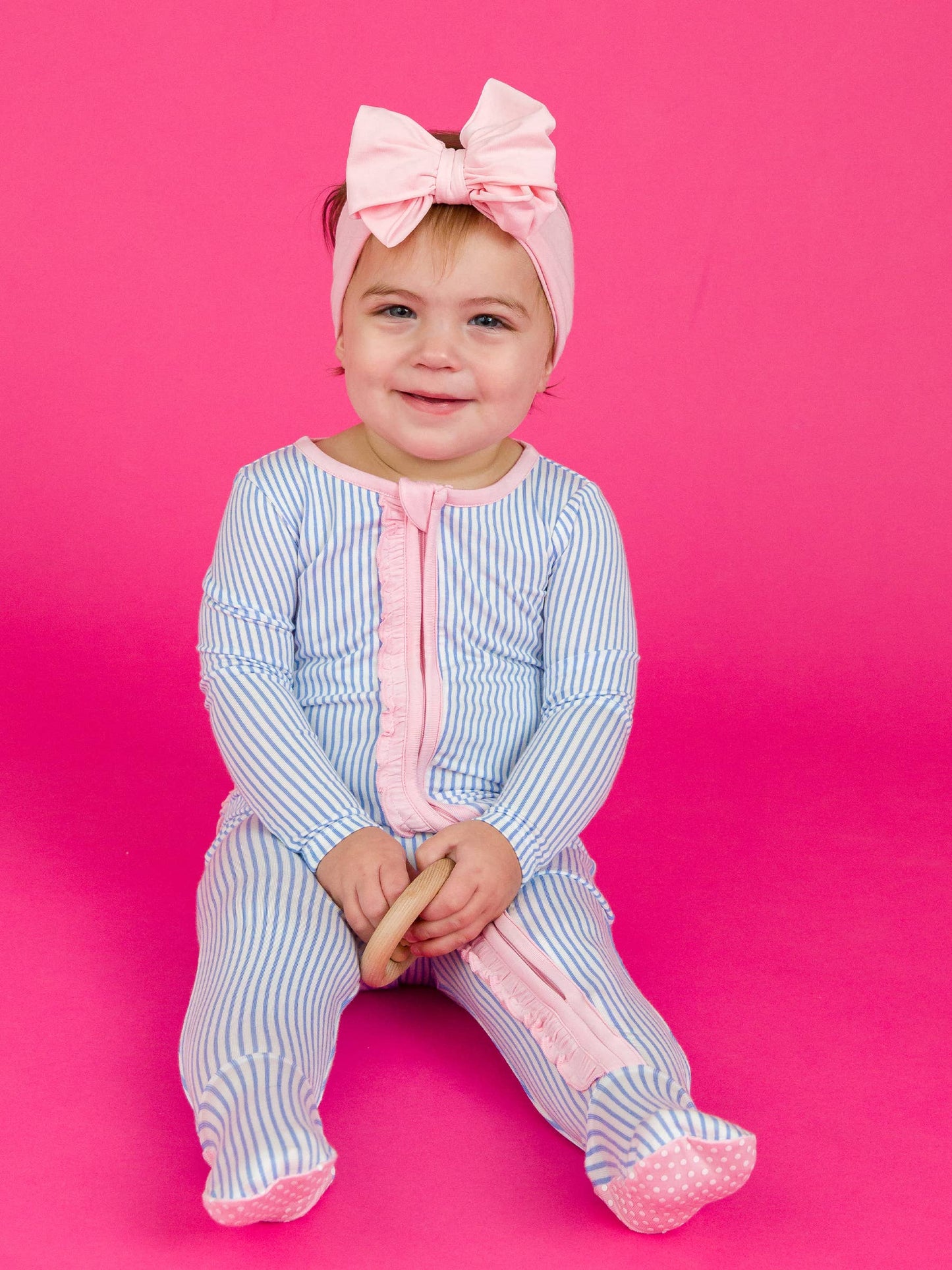 Periwinkle & White Micro Stripe Footed Ruffle One Piece Pajama