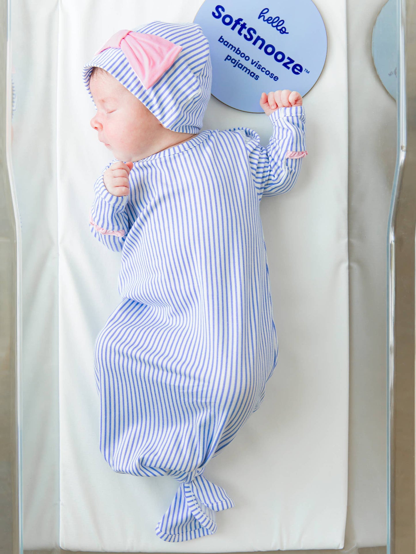 Periwinkle & White Micro Stripe Ruffle Knotted Sleep Gown & Bow Hat Set