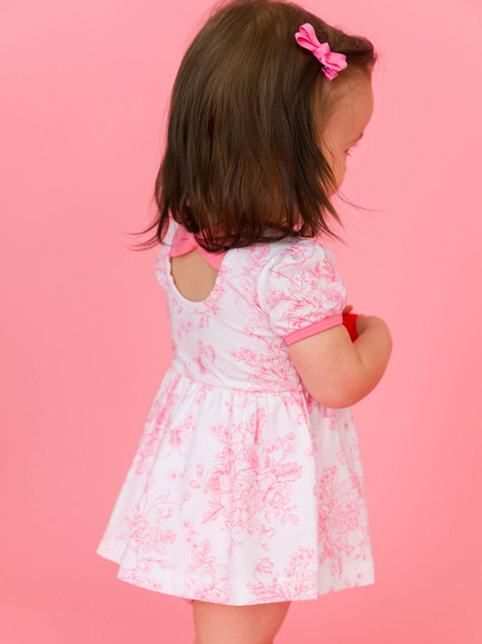 Baby Girls Bubblegum Pink Butterfly Garden Toile Short Sleeve Bow Twirl Romper