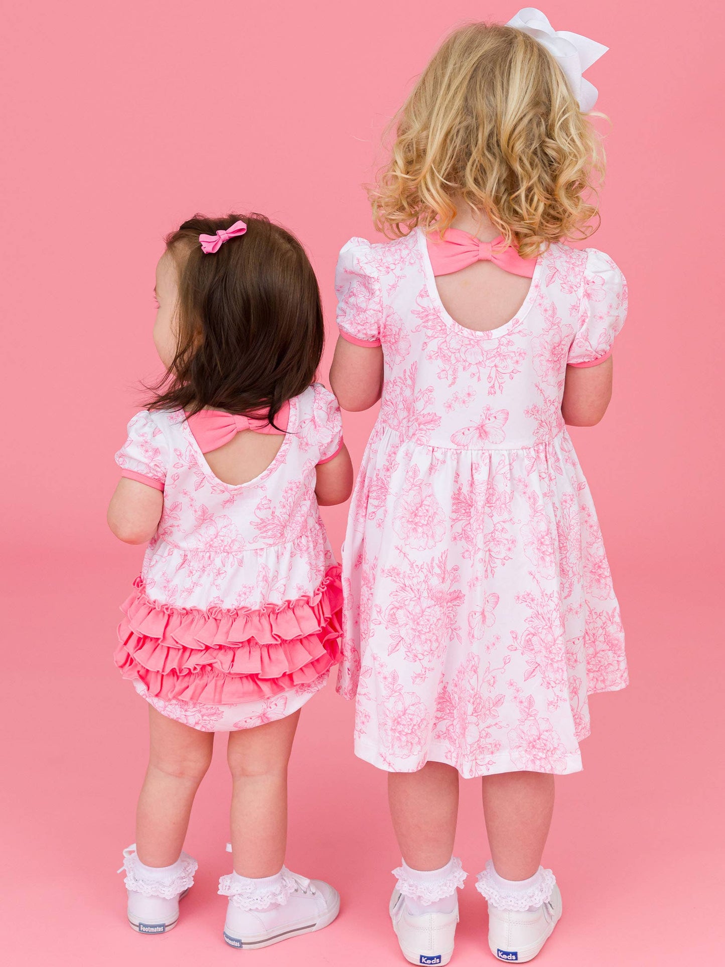 Girls Bubblegum Pink Butterfly Garden Toile Puff Short Sleeve Bow Twirl Dress
