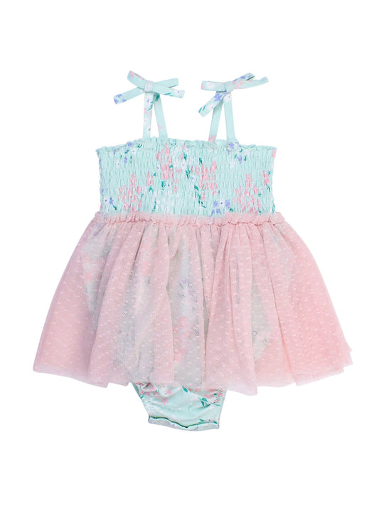 Baby Girls Mint Meadow Tie Smocked Tulle Skirted Romper: Green