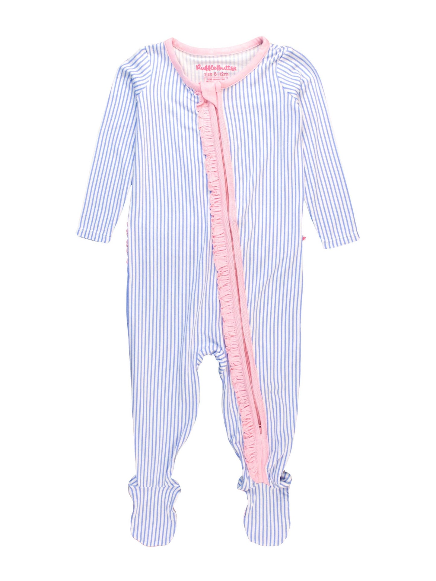 Periwinkle & White Micro Stripe Footed Ruffle One Piece Pajama
