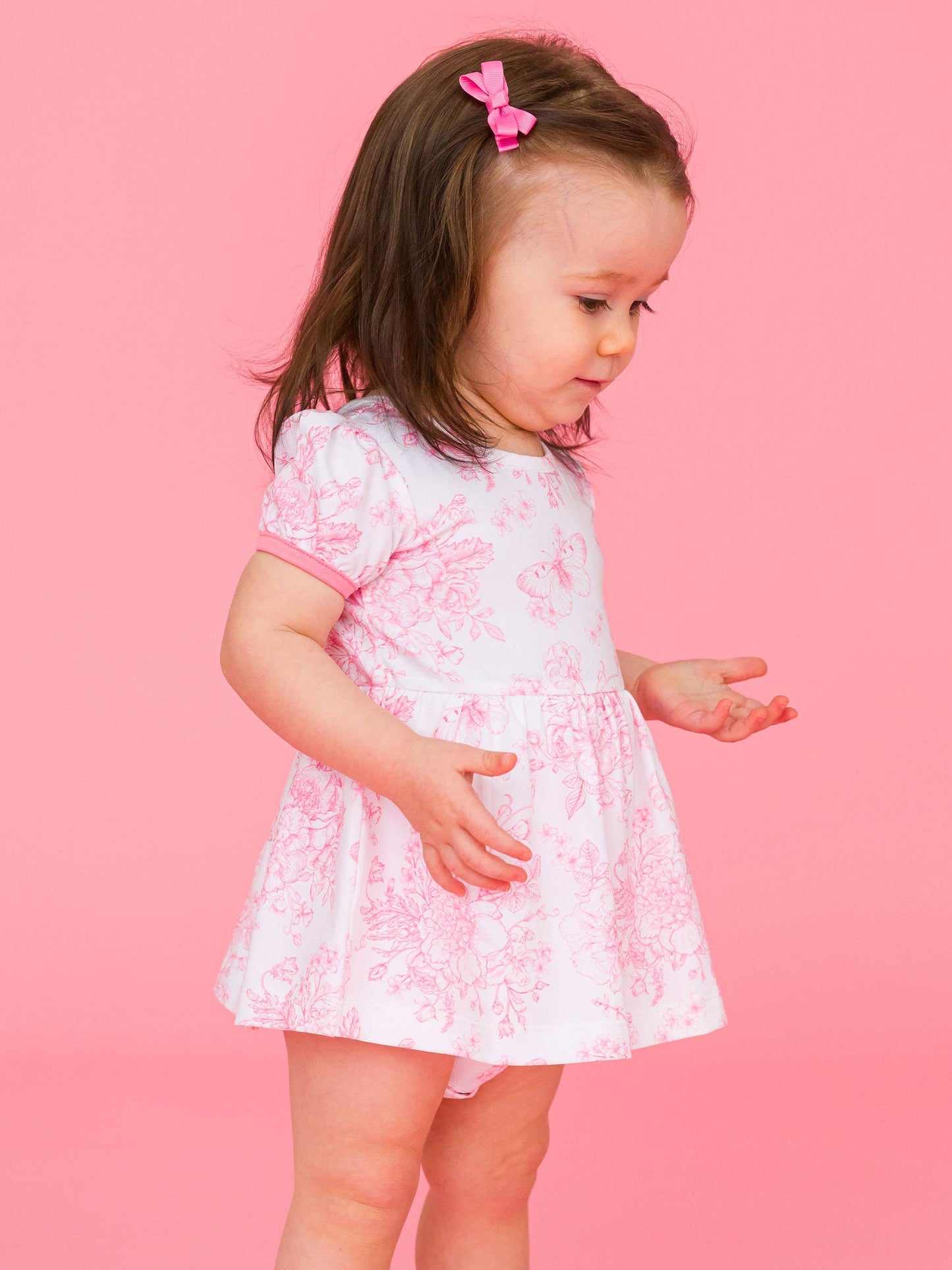 Baby Girls Bubblegum Pink Butterfly Garden Toile Short Sleeve Bow Twirl Romper