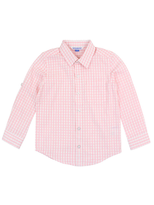 Baby Boys Pink Gingham Check Long Sleeve Button Down: Pink