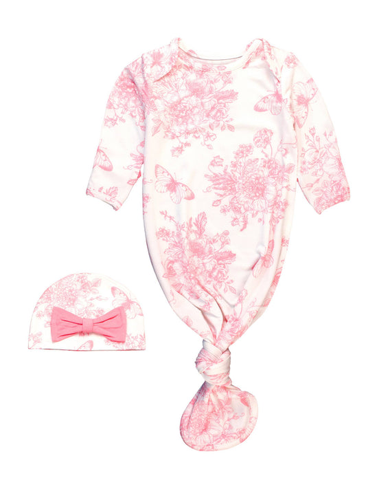 Newborn Baby Girls Bubblegum Pink Butterfly Garden Toile Bamboo Viscose Knotted Ruffle Gown & Hat Set: White / Newborn-3m