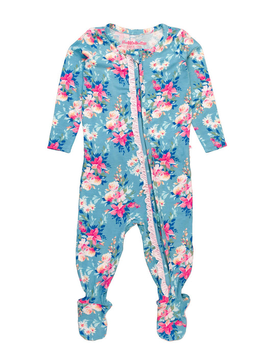 Baby Girls Fancy Me Floral Bamboo Viscose Footed Ruffle One Piece Pajama: Blue / 0-3m