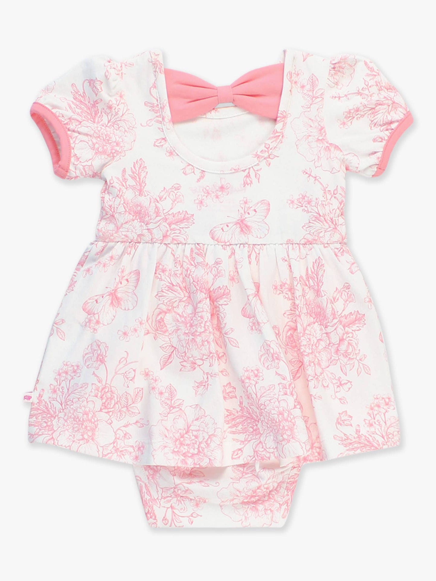 Baby Girls Bubblegum Pink Butterfly Garden Toile Short Sleeve Bow Twirl Romper