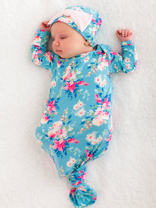 Newborn Baby Girls Fancy Me Floral Bamboo Viscose Knotted Ruffle Gown & Hat Set: Blue / Newborn-3m