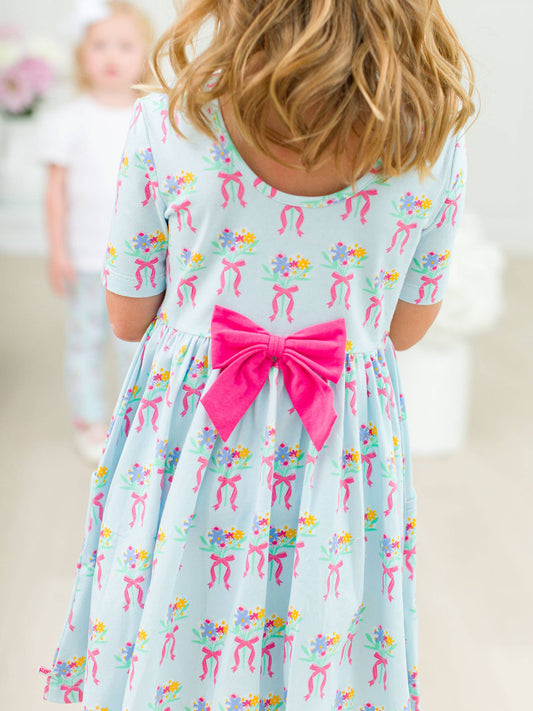 Baby Girls Bows and Bouquets Short Sleeve Knit Twirl Dress: Blue