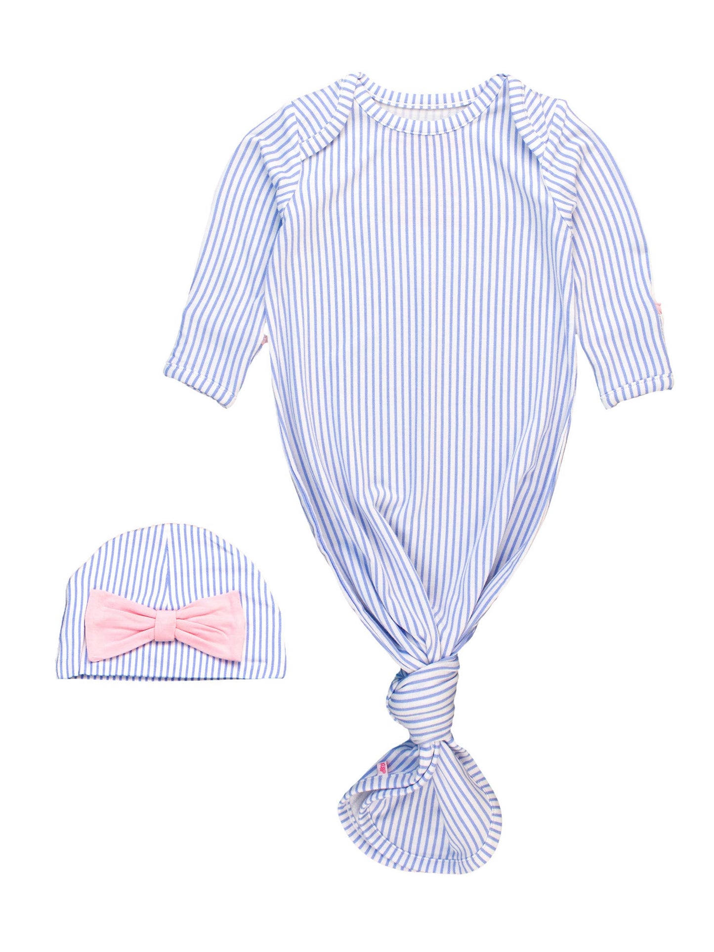 Periwinkle & White Micro Stripe Ruffle Knotted Sleep Gown & Bow Hat Set
