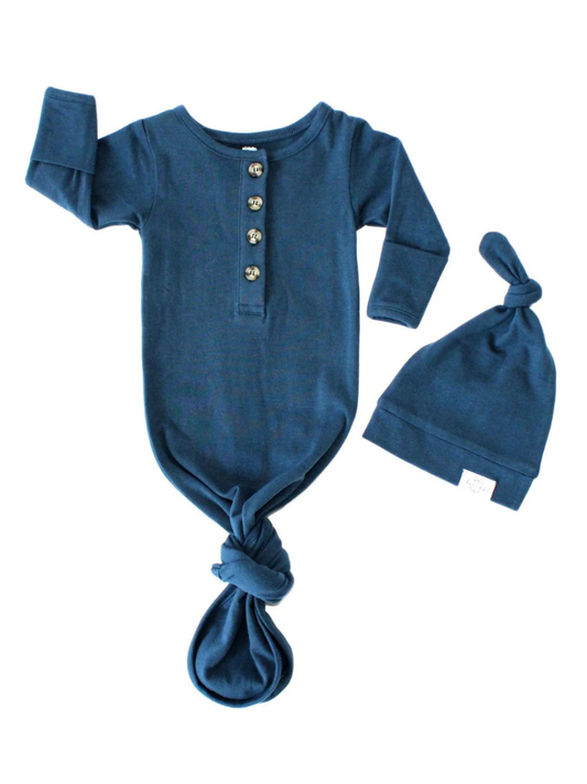 Organic Knotted Gown + Top Knot Hat | Navy Blue
