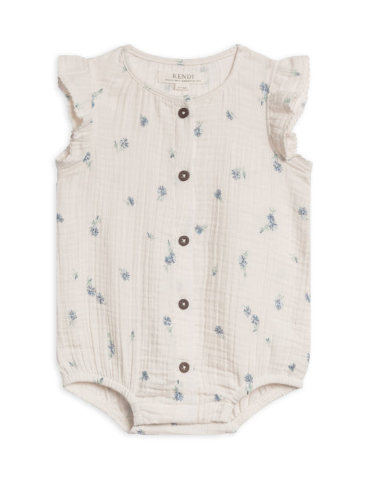 Coco Muslin Button Front Bubble Romper - Elena Floral/Lilla: 3-6M